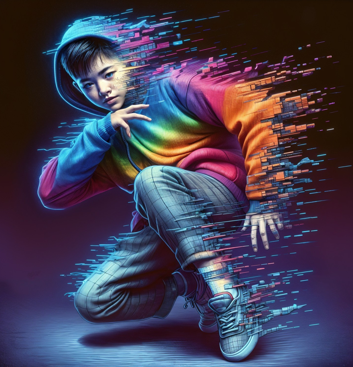 Young boy in rainbow hoodie amidst digital fragments