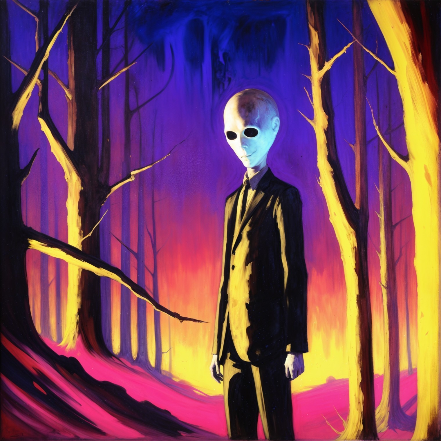 Surreal Forest Scene with Elongated Figure in Suit