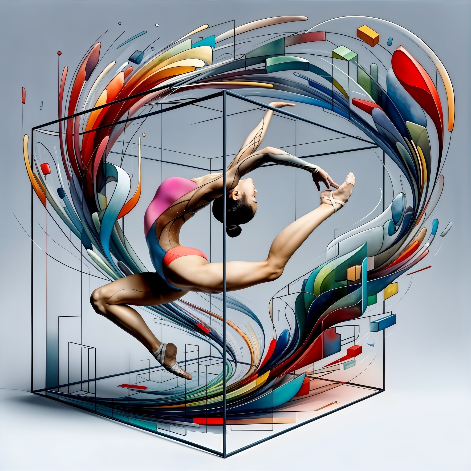 Dancer in Mid-Leap Within a Transparent Cube