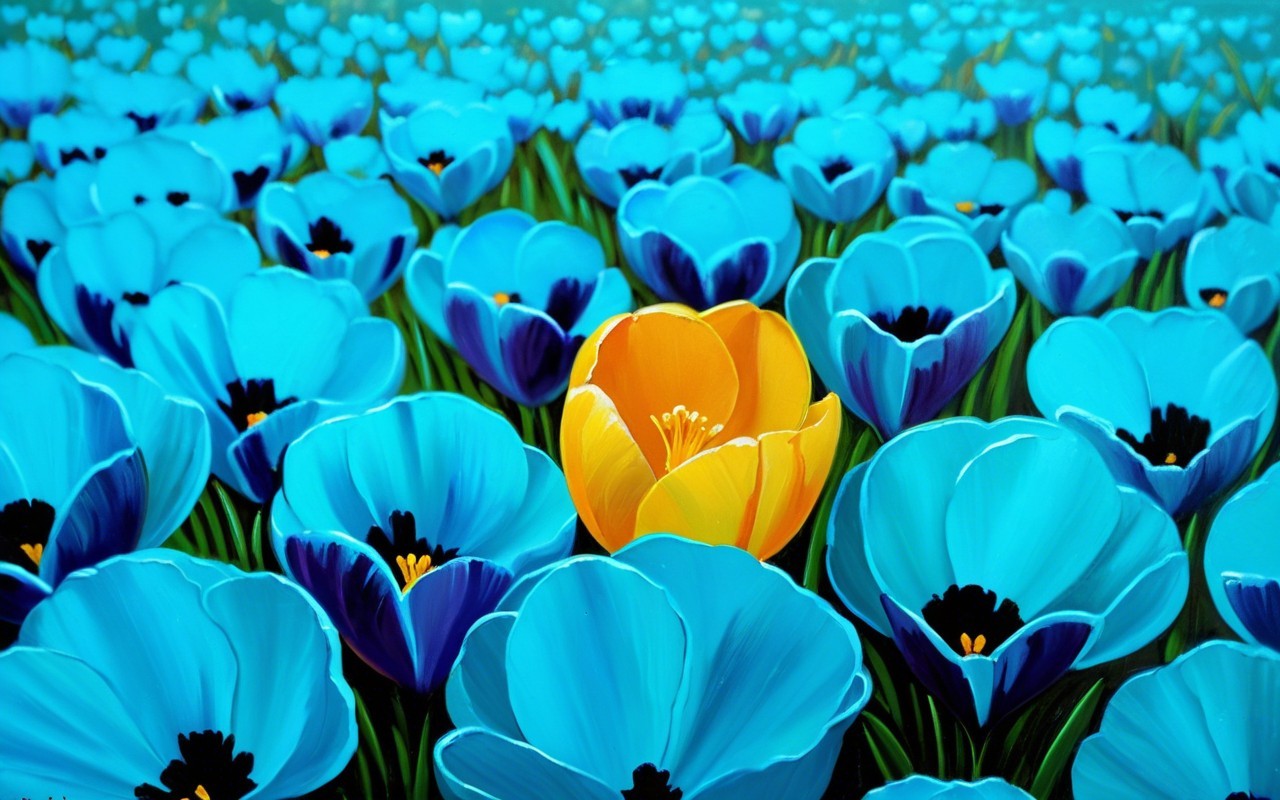 Vibrant Field of Blue Flowers with Yellow Bloom