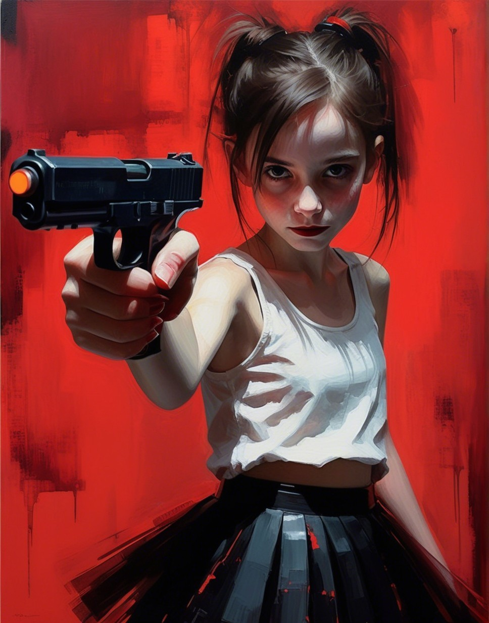 Young girl with handgun against red background
