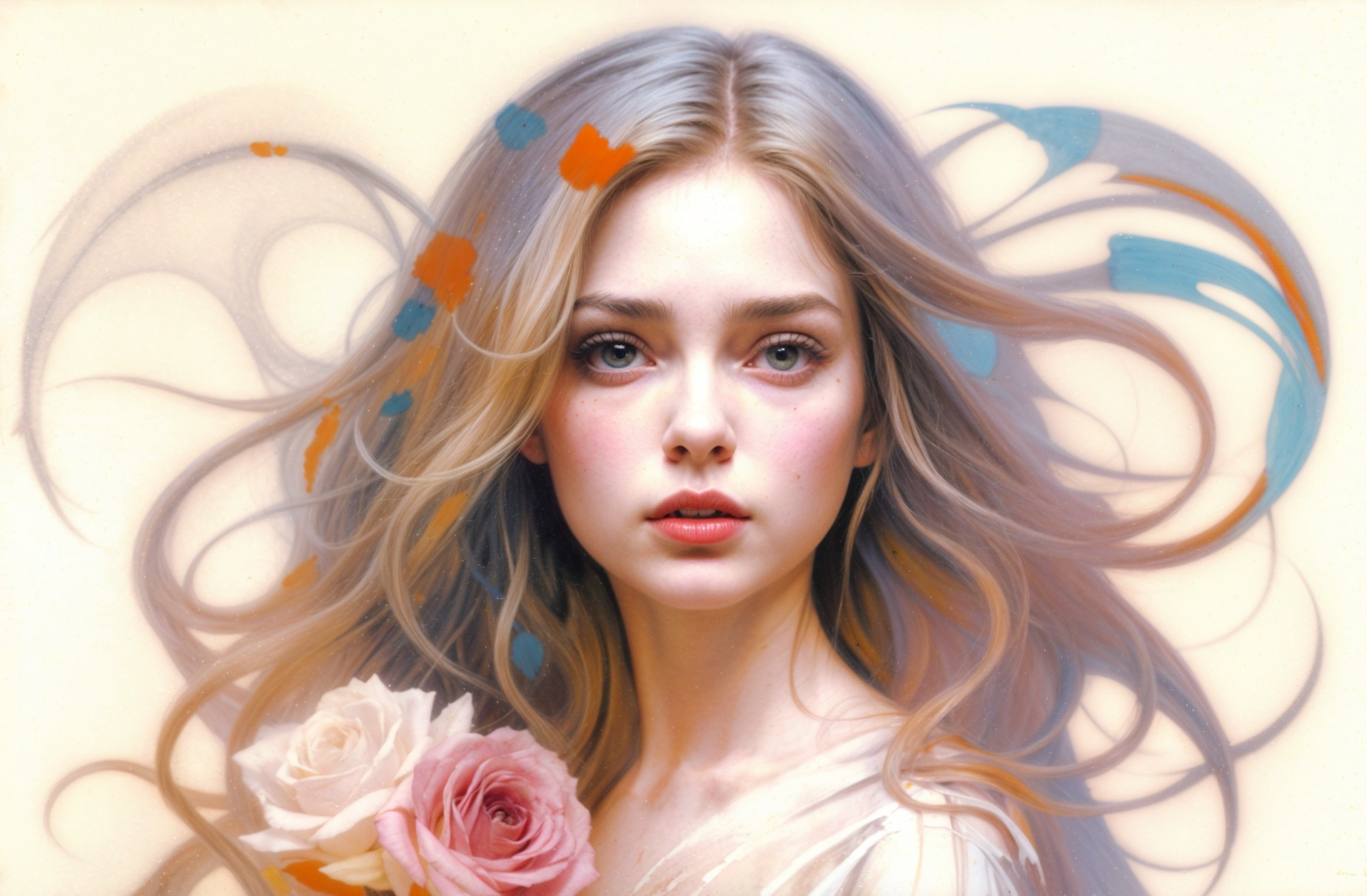 Young woman with blonde hair and pink roses in pastel setting