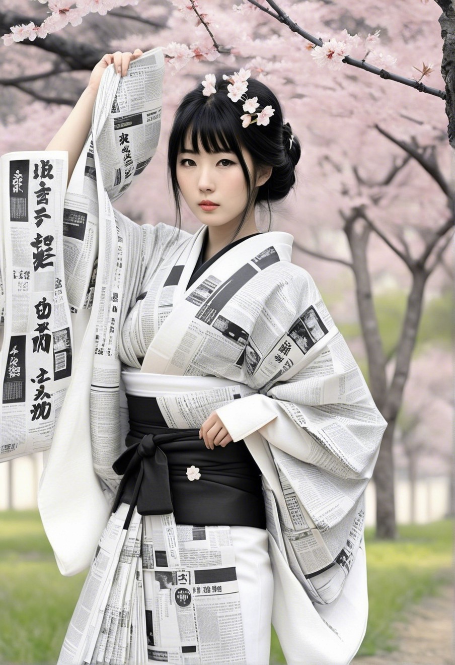 Young Woman in Newspaper Print Kimono Under Cherry Blossoms