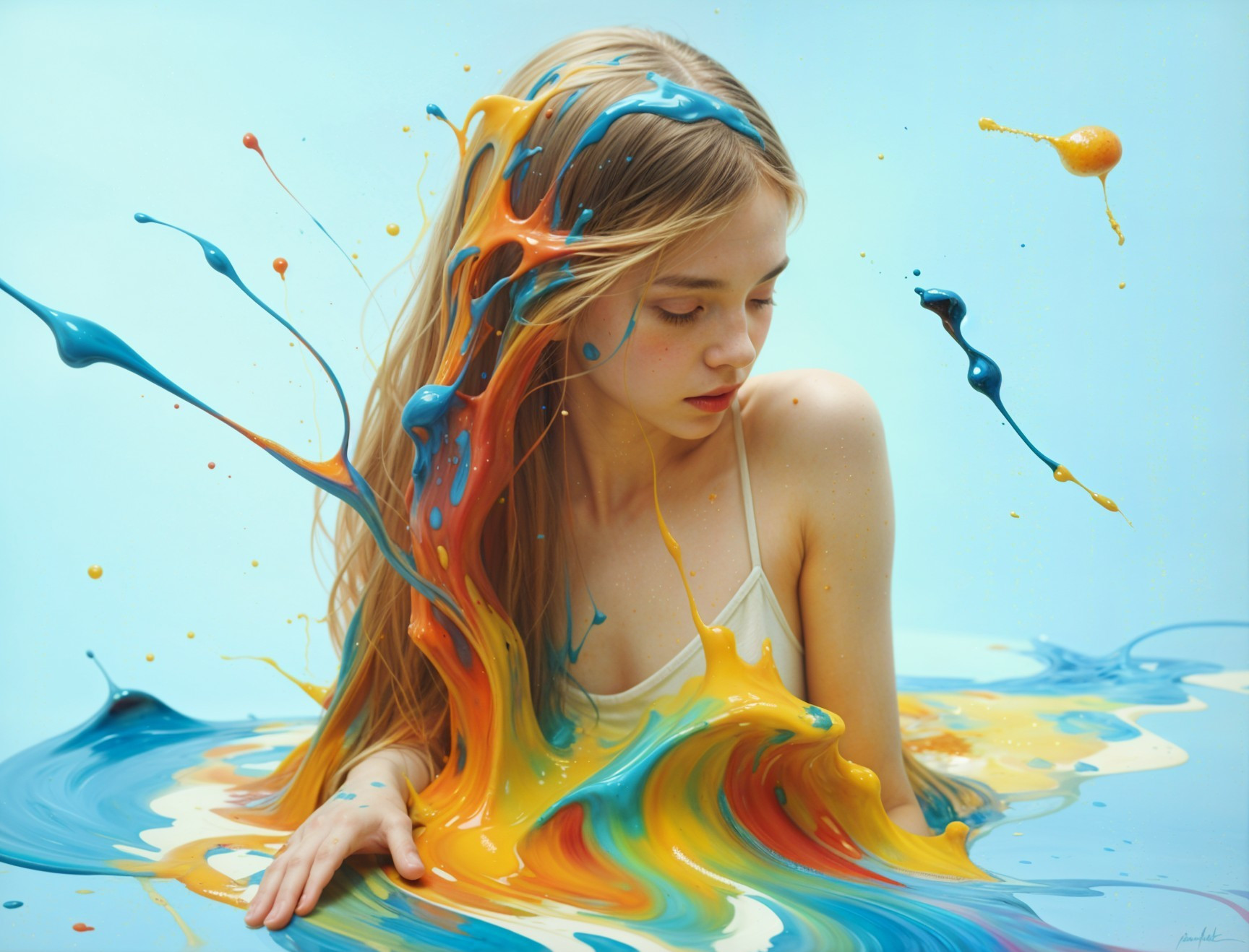 Young girl in vibrant paint pool with serene expression