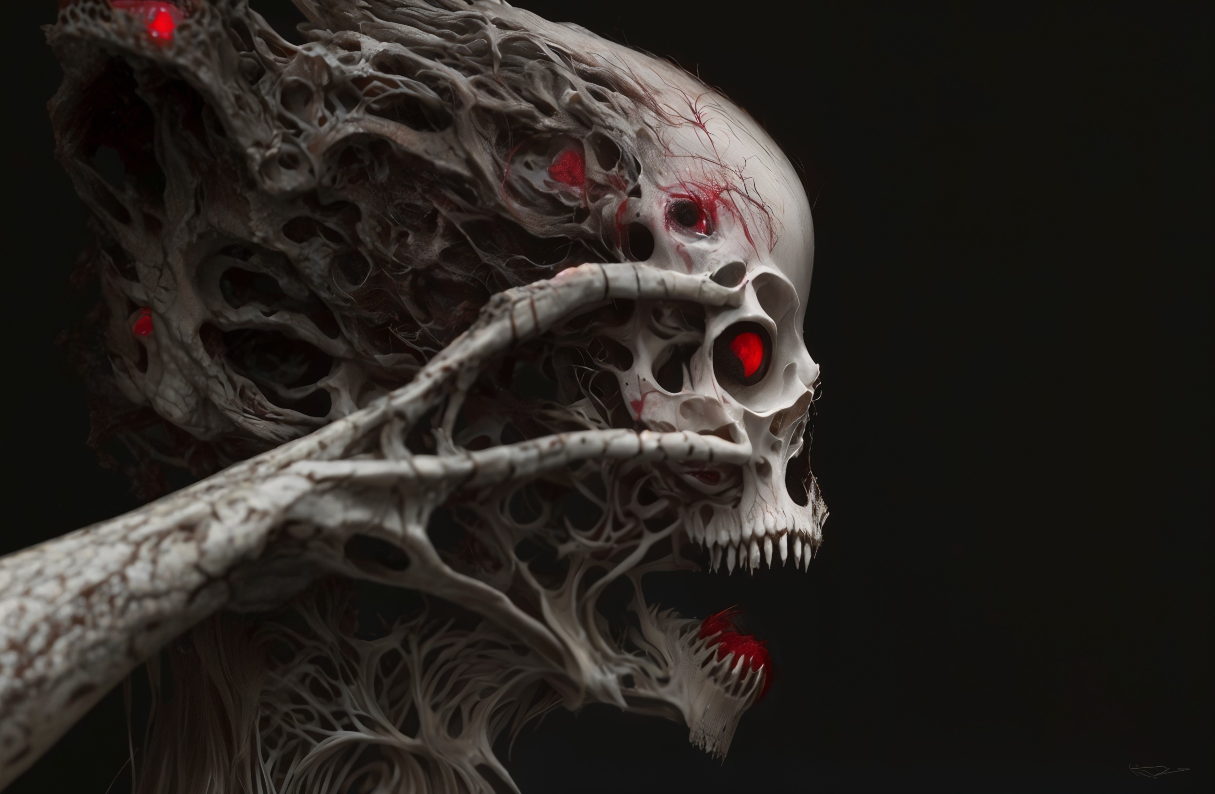 Detailed Skull Image with Glowing Red Eyes on Black Background
