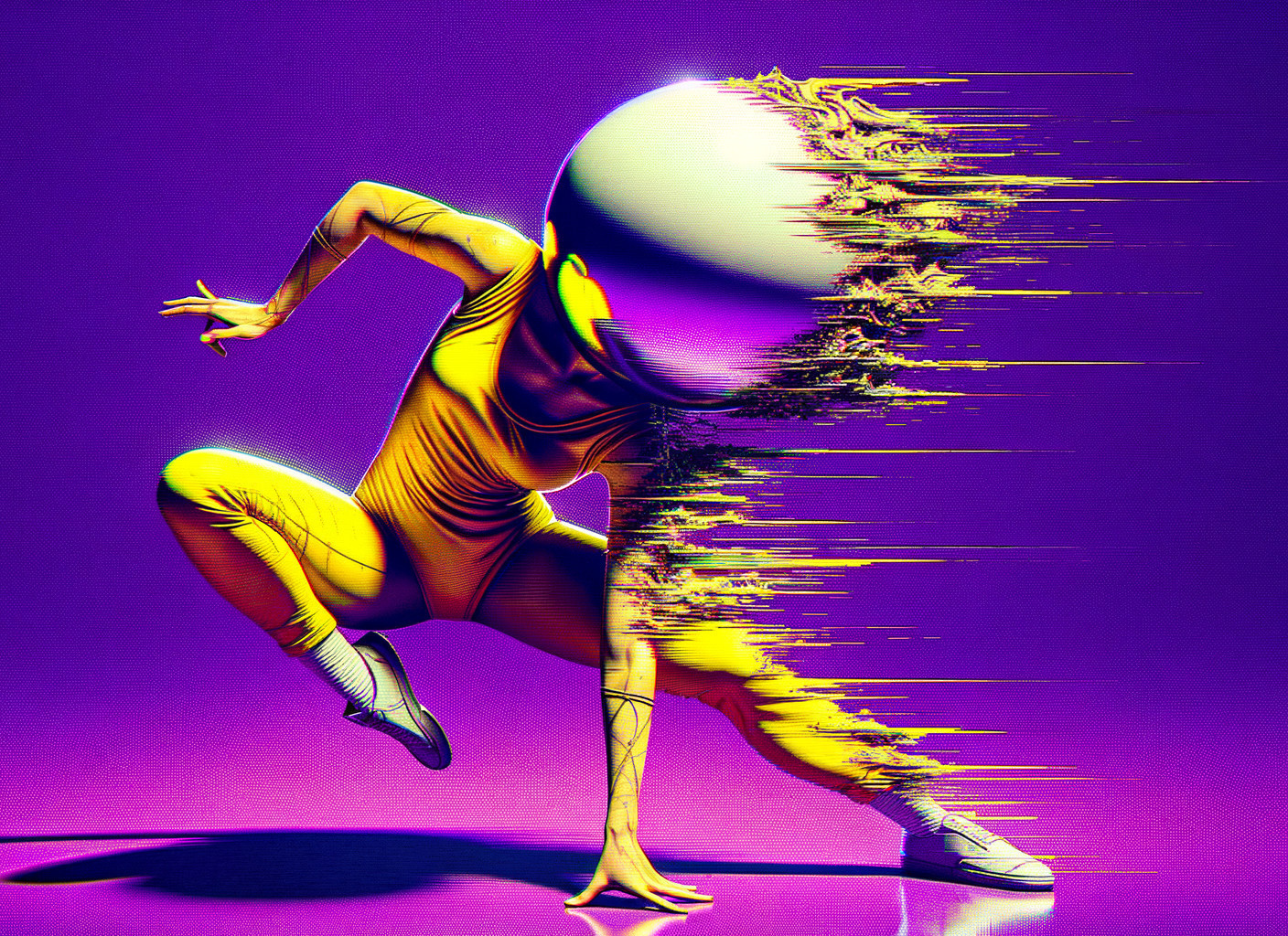 Dynamic Figure in Yellow Outfit with Reflective Head