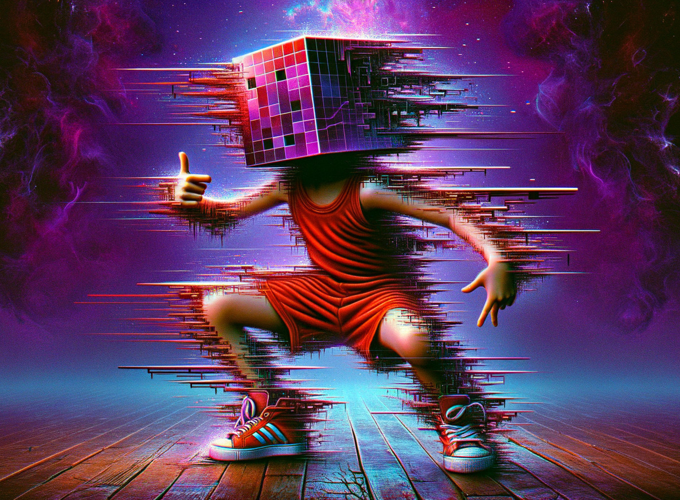 Stylized Figure with Cube Head in Cosmic Nebula