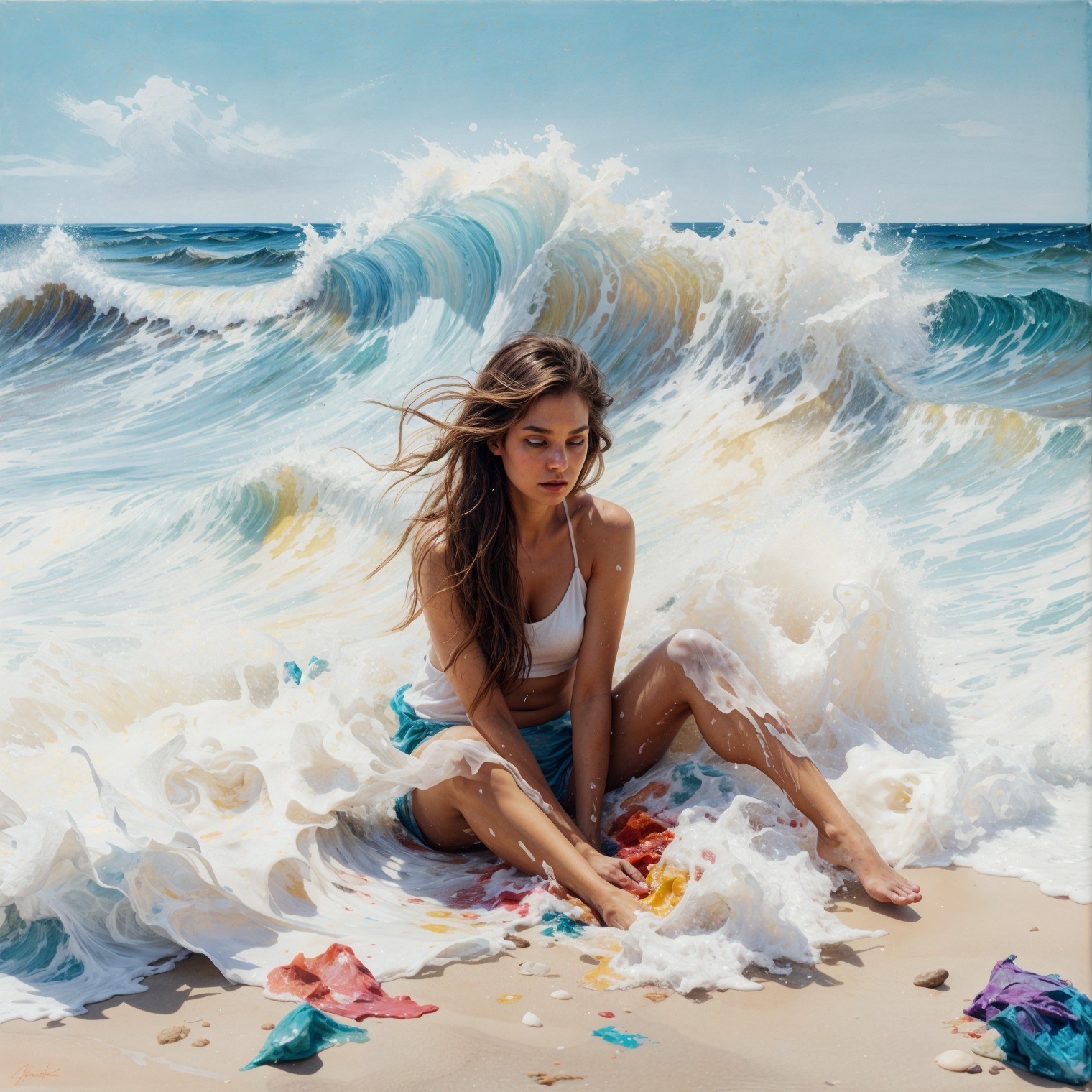 Young woman on beach with waves and colorful scenery