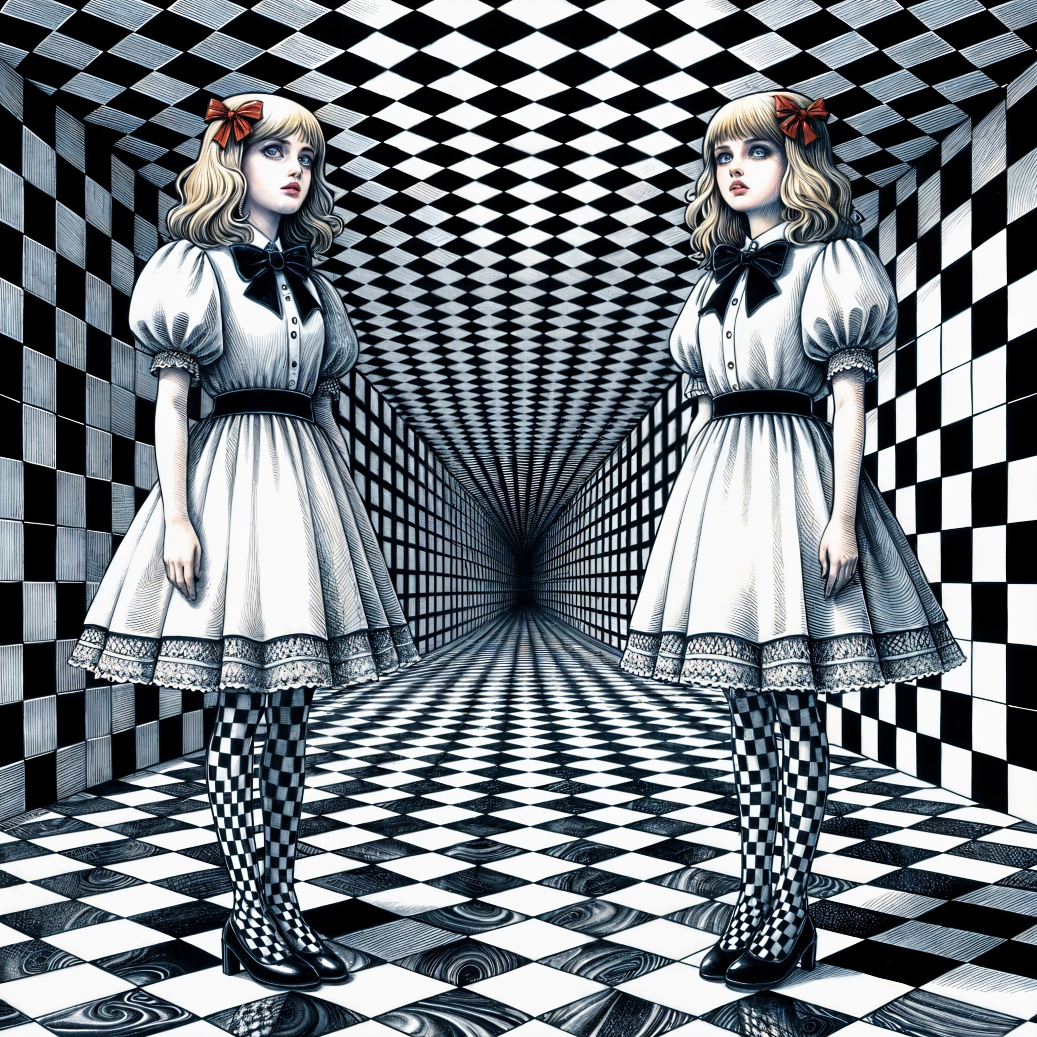Identical girls in Victorian dresses in a checkered setting