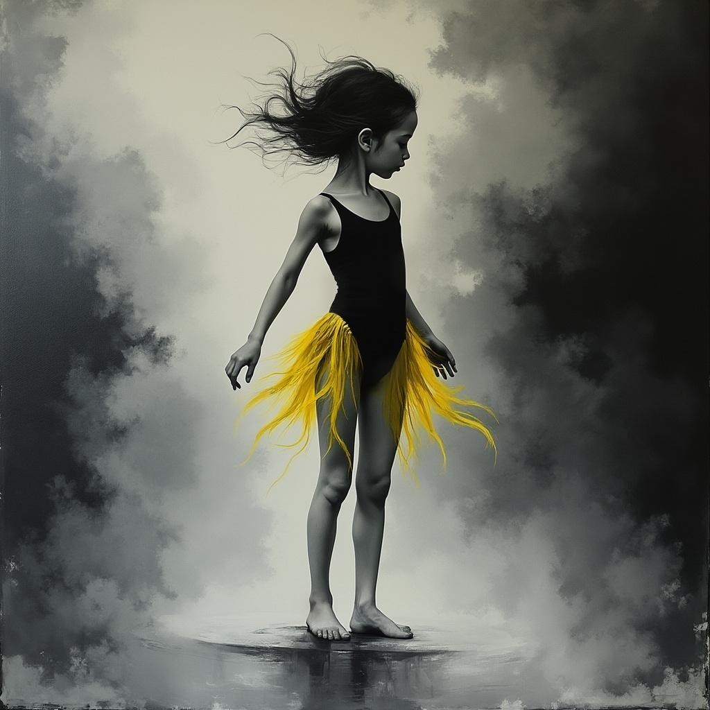 Young girl in black swimsuit against grey backdrop