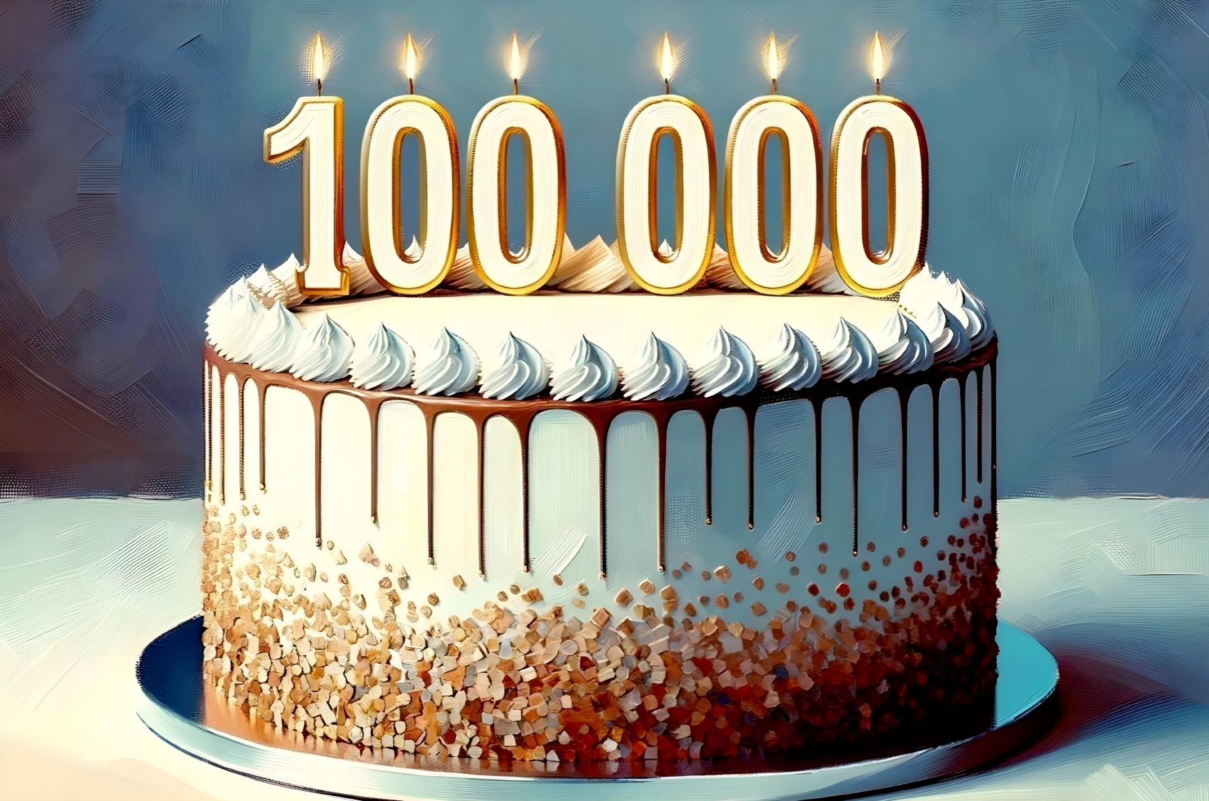 Golden "100000" Cake with Lit Candles and Whipped Cream