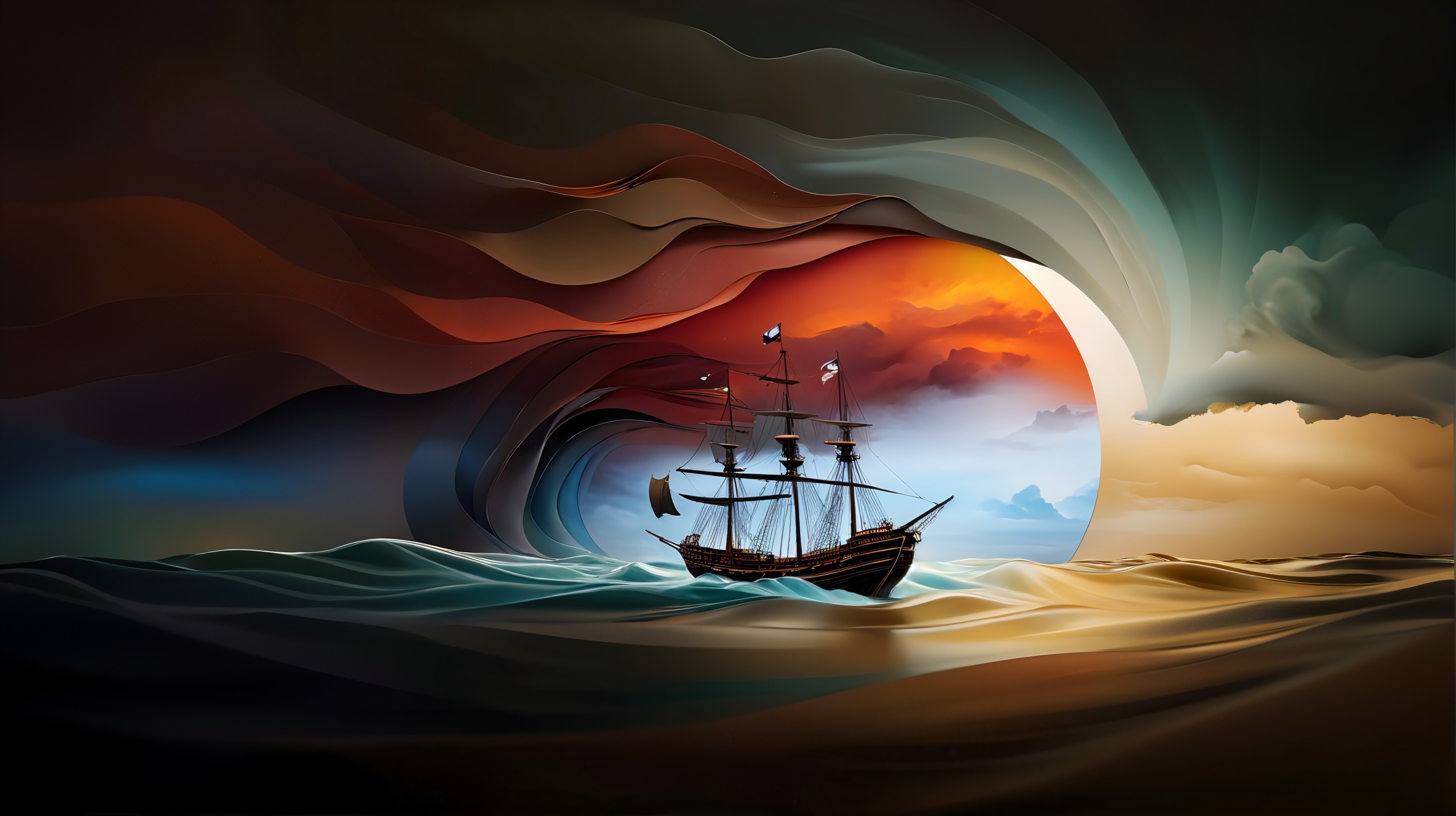 Majestic ship sailing through vibrant turbulent waves