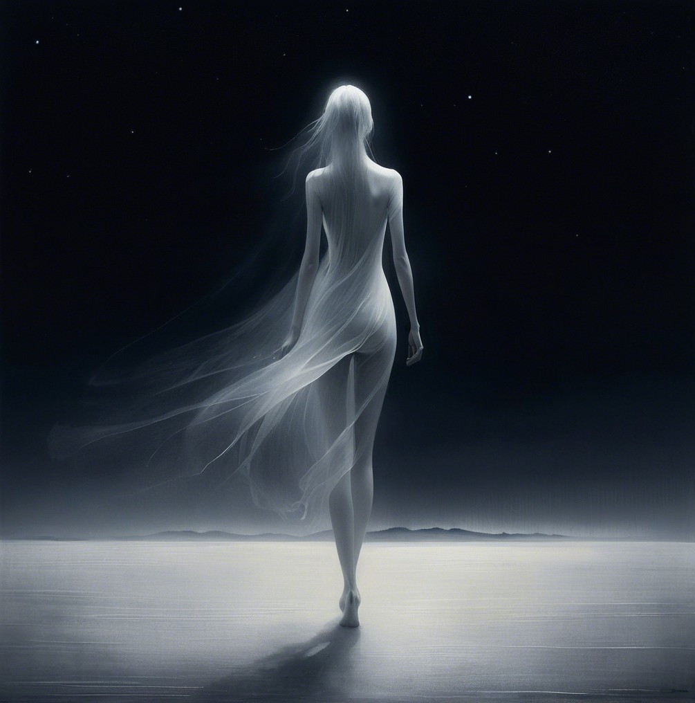 Silhouette in a Moonlit Landscape with Ethereal Garment