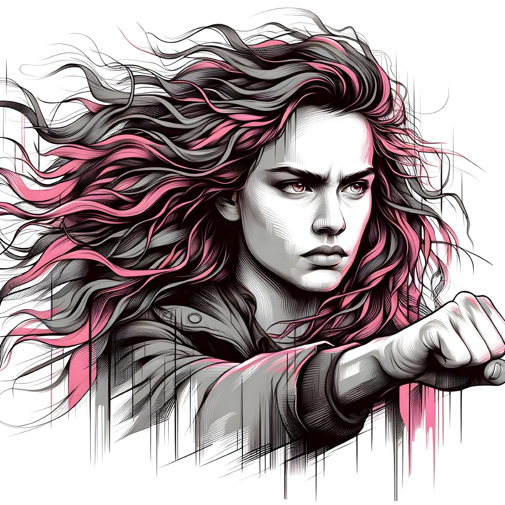 Woman with flowing pink-streaked hair and intense eyes in determined pose