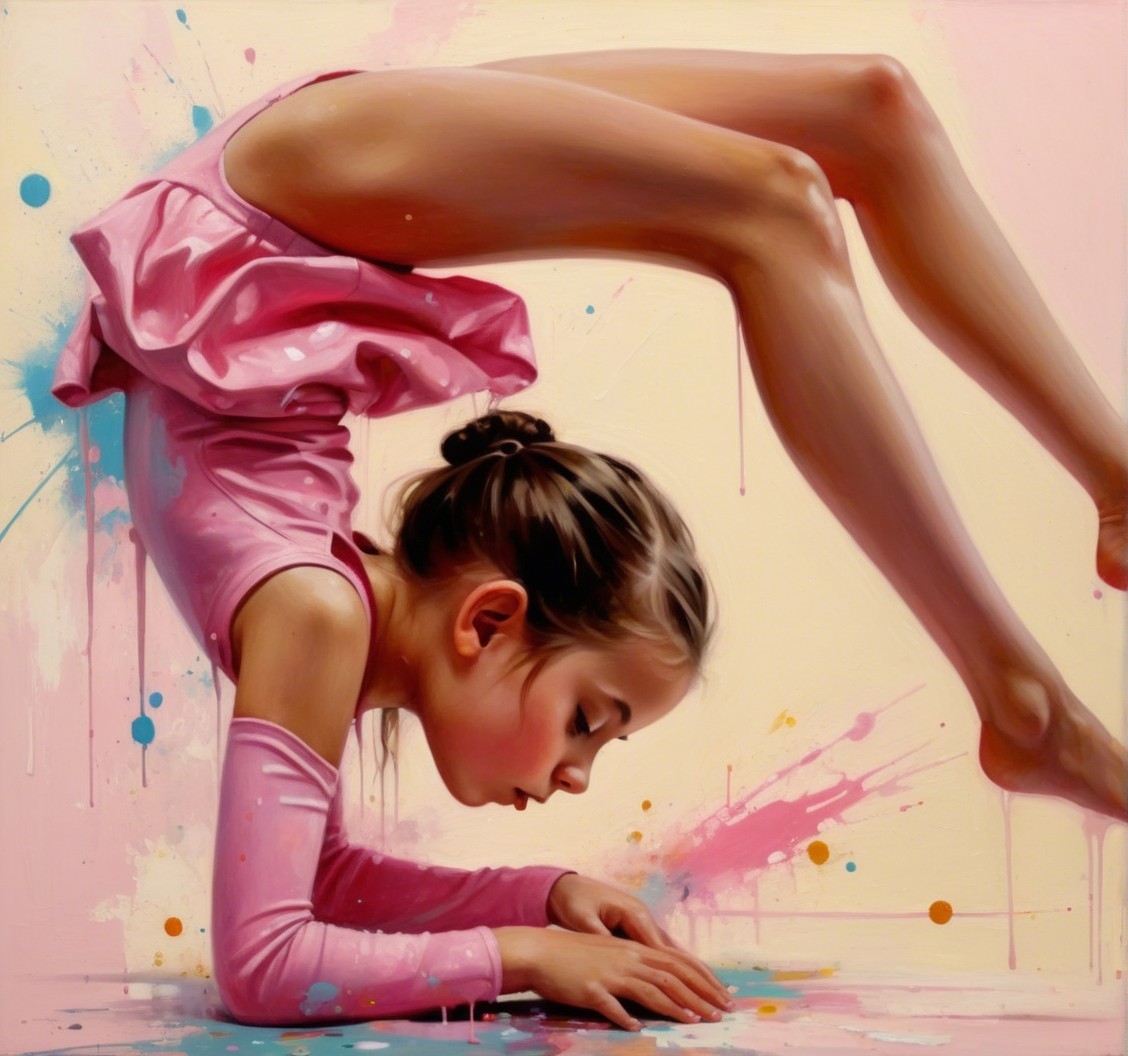 Young girl in pink leotard poses in artistic setting