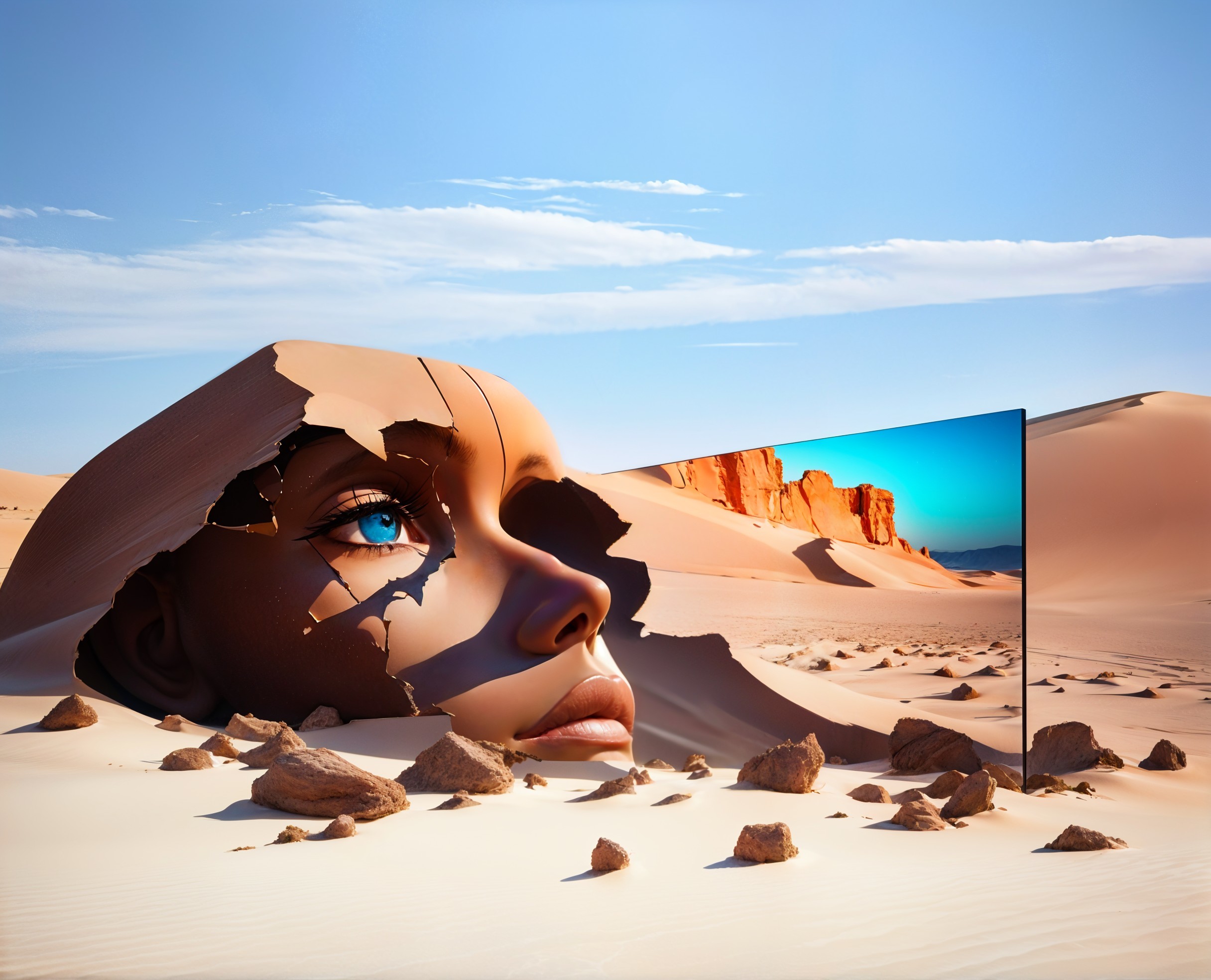 Fragmented sculpture of woman's face in desert with blue sky