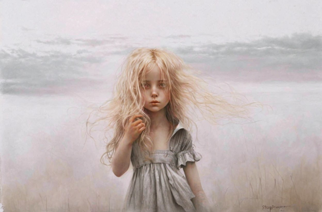 Young girl with pale skin and disheveled blonde hair in somber expression in field.