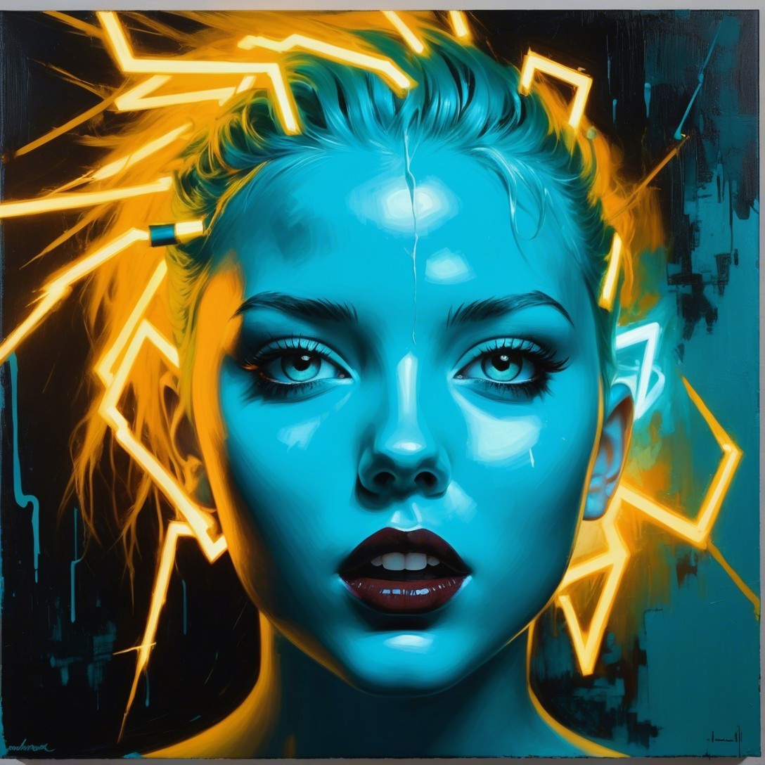 Portrait of a Young Woman with Blue Skin and Neon Lines