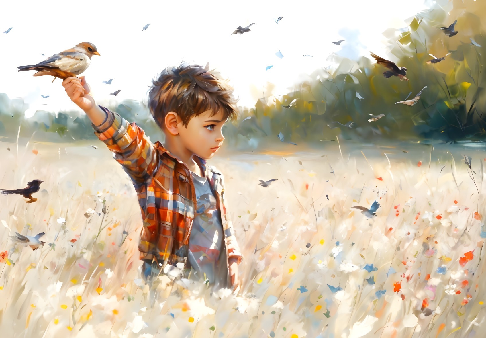 Young boy in sunlit field with bird on hand, surrounded by flying birds and wildflowers