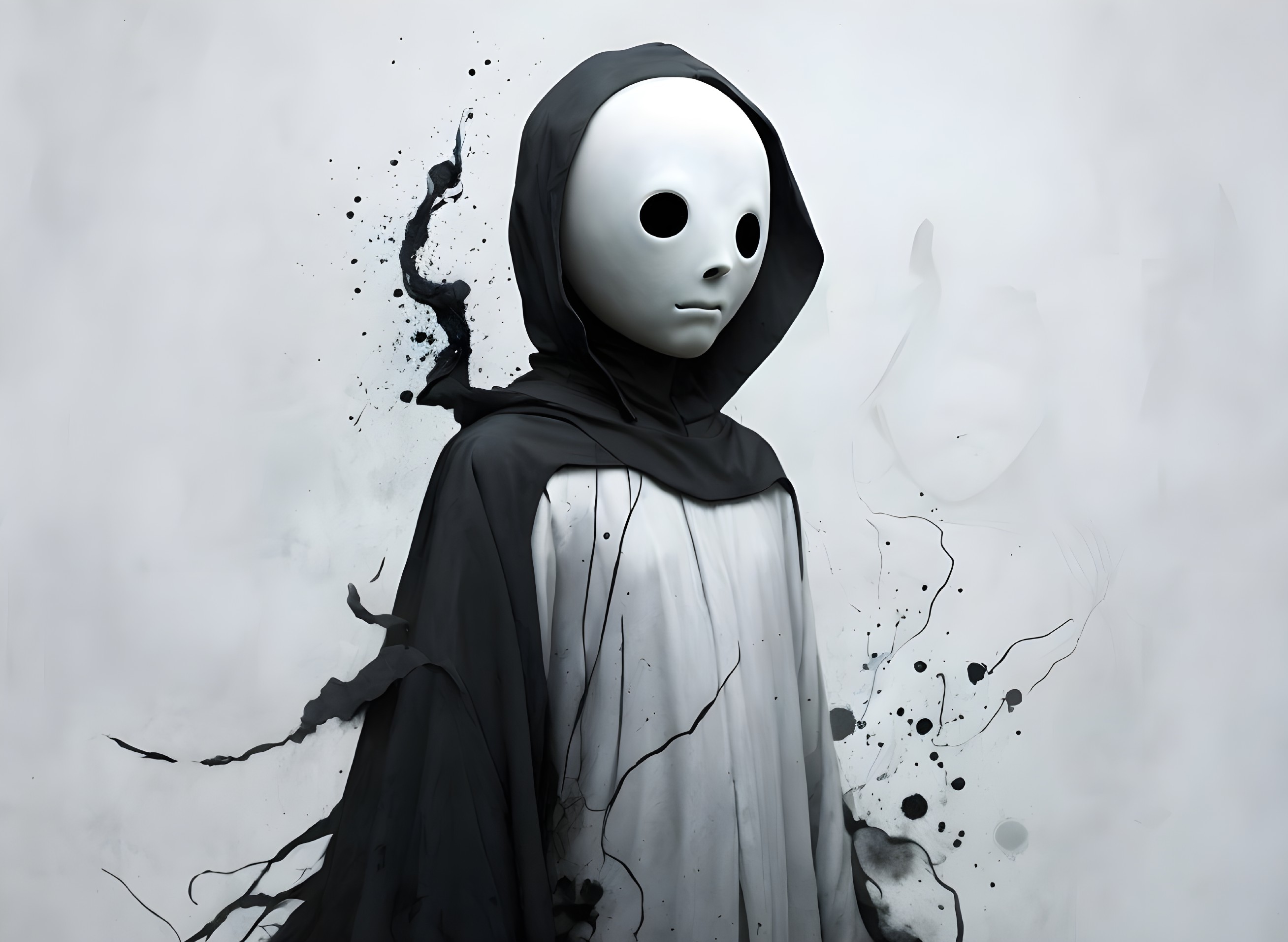 Hooded Figure in White Mask with Misty Background