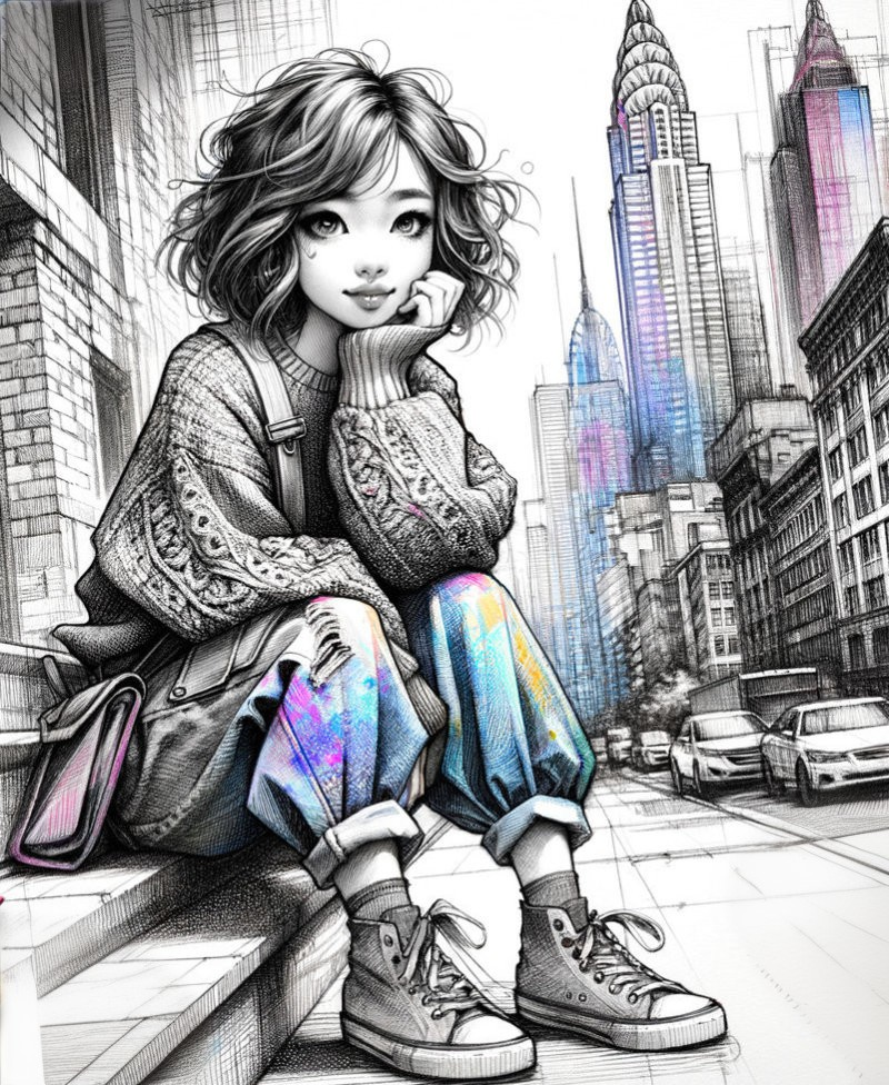 Monochrome illustration of young woman on stairs with colorful accents in cityscape