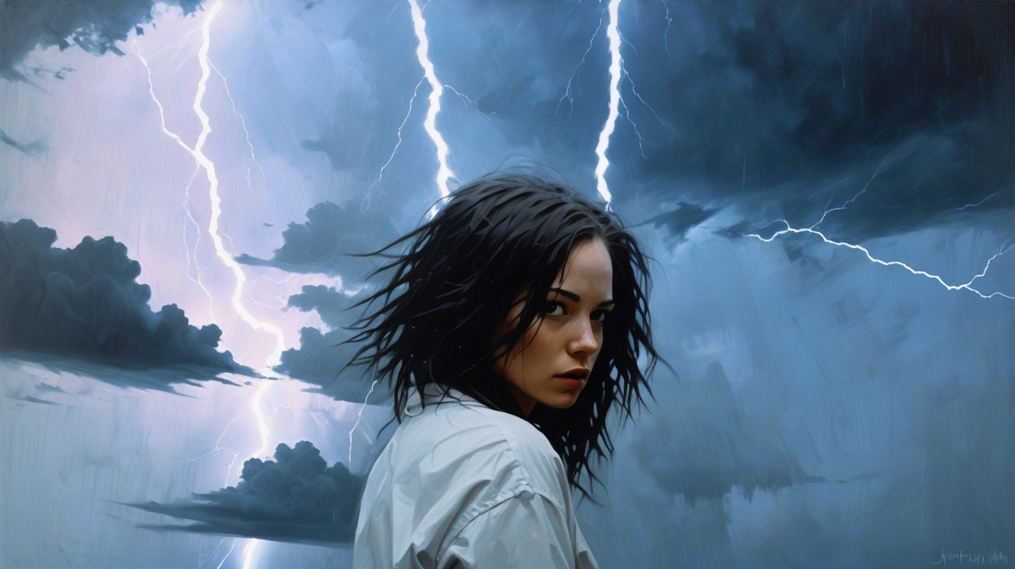 Futuristic floating island in storm with glowing digital structure