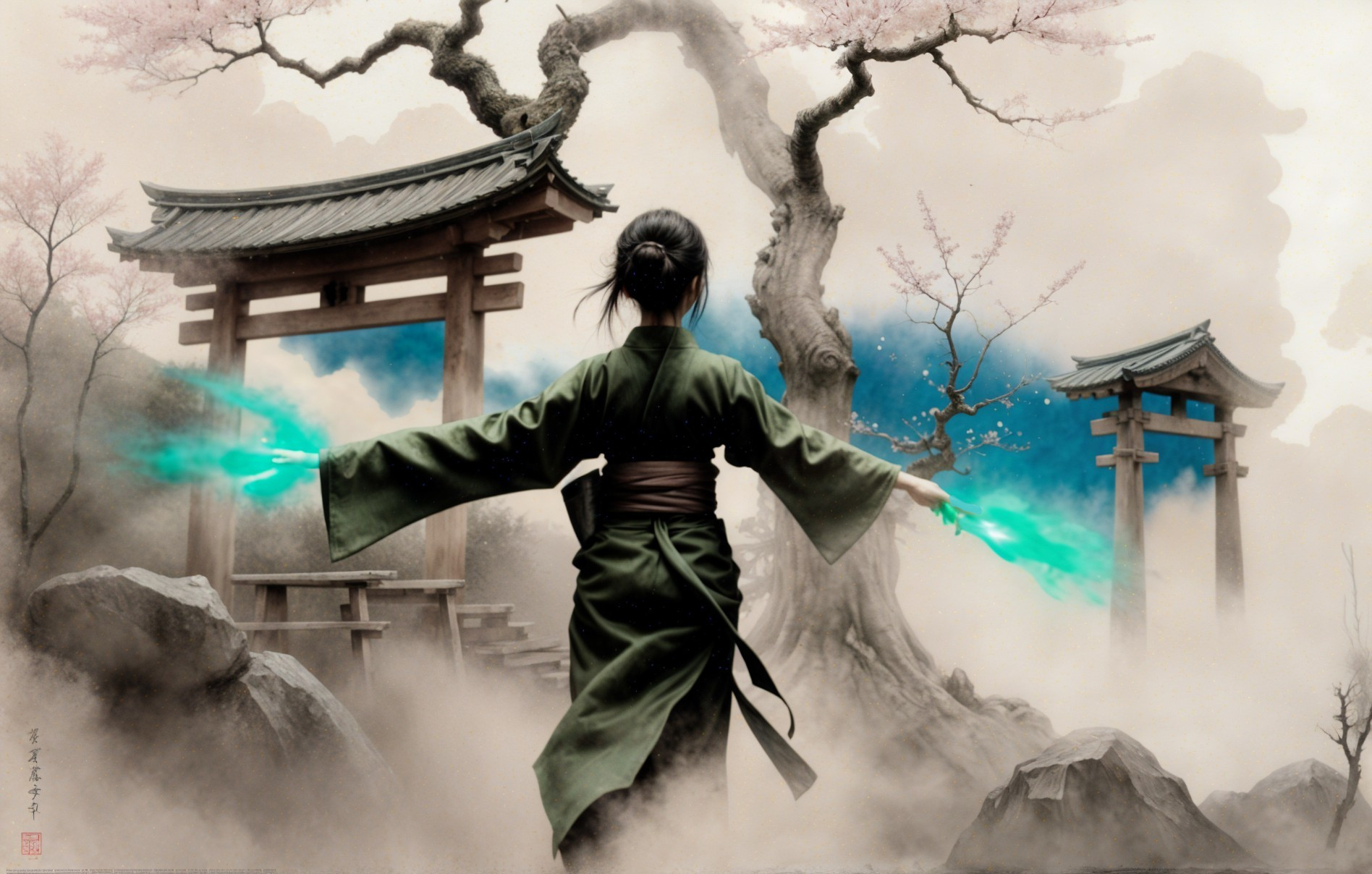 Lone Figure in Green Kimono Amid Cherry Blossoms