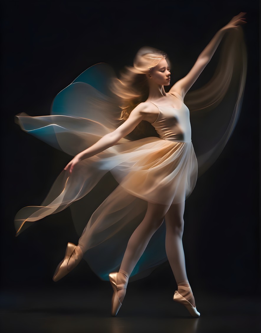 Ballet Dancer in Flowing Costume Against Dark Backdrop