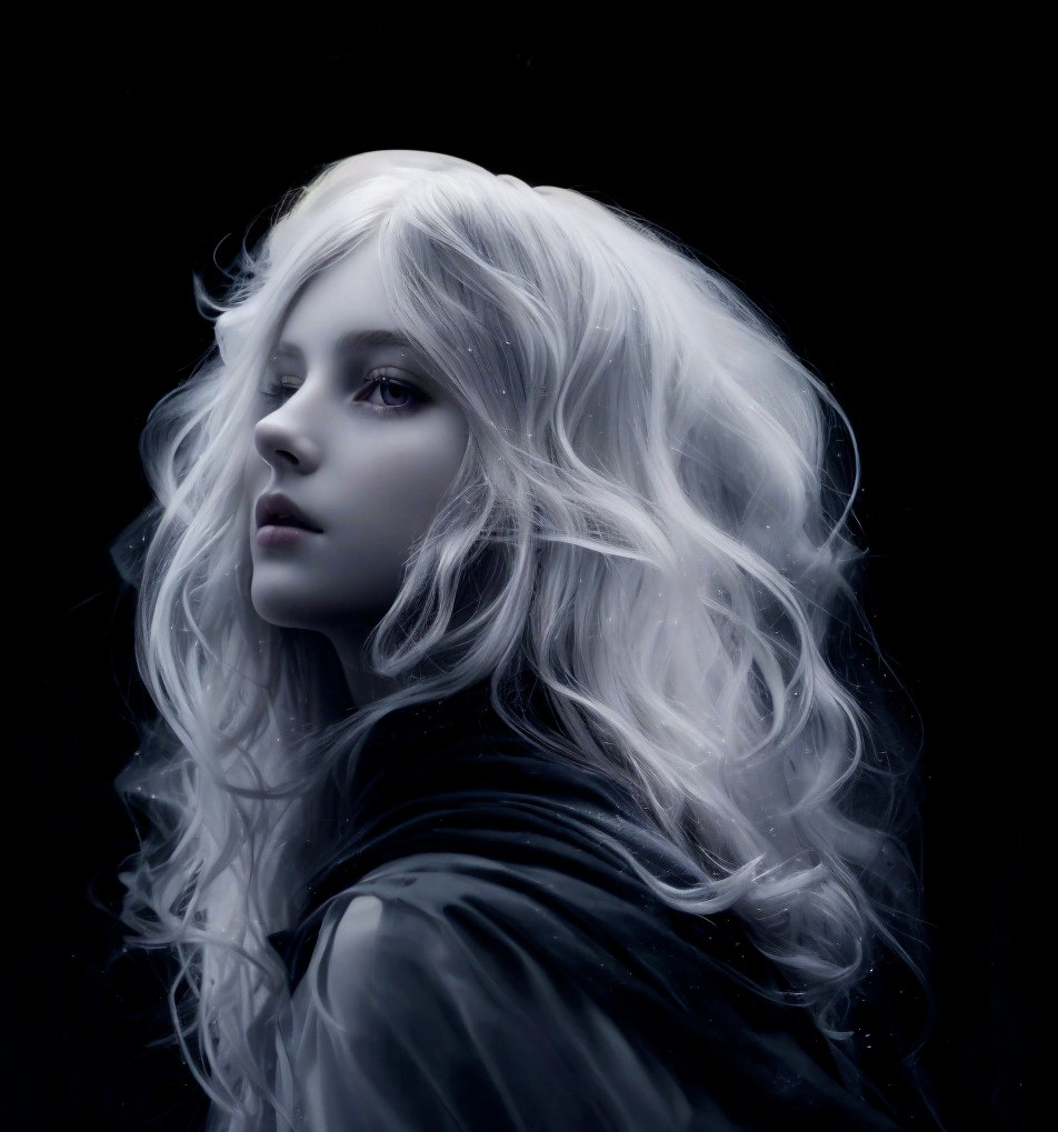 Pale-skinned person with white hair and intense gaze on dark background