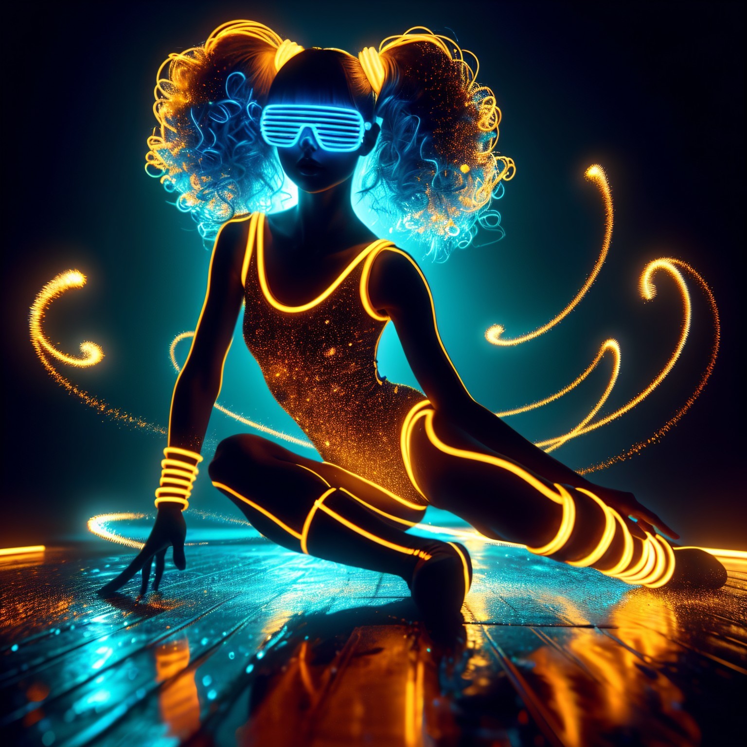 Futuristic dancer in neon lights and glowing sunglasses