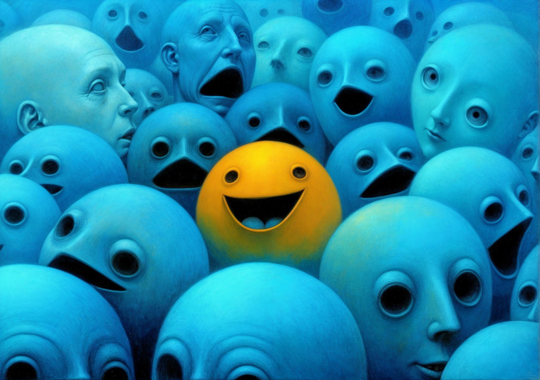 Surreal Crowd of Blue Heads with Expressive Faces