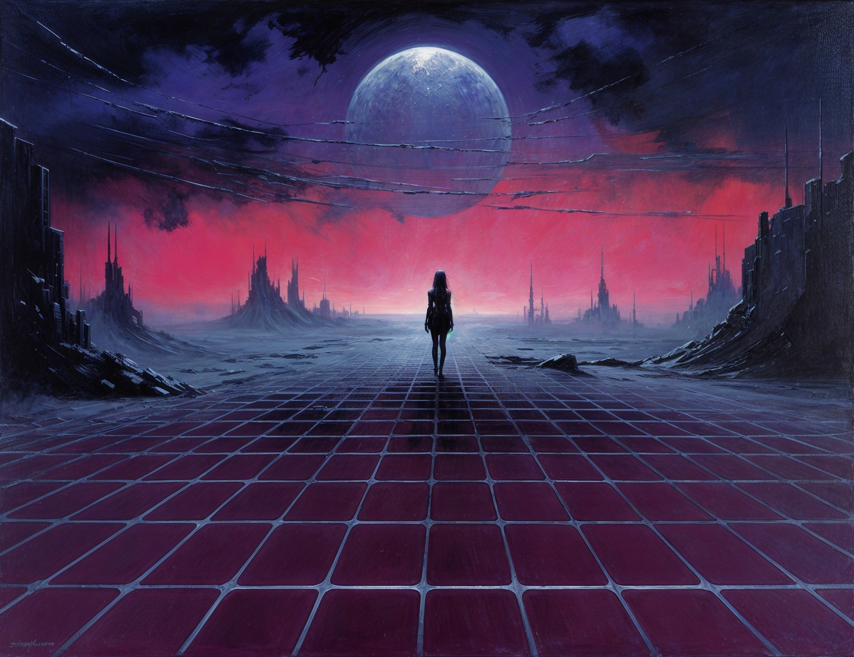 Lone Figure on Grid in Surreal Landscape with Moon