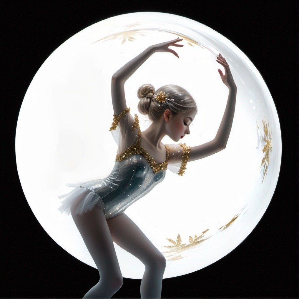 Graceful female figure dancer in glittery costume against luminous round backdrop