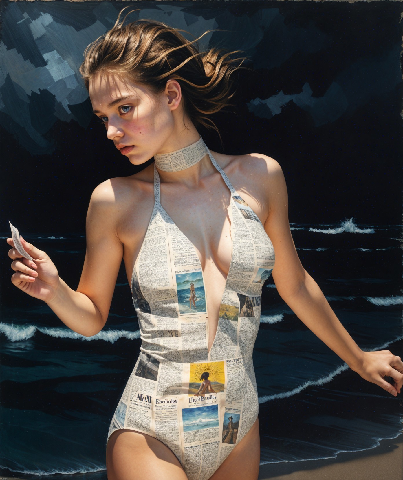 Young Woman in Newspaper Swimsuit at Shoreline