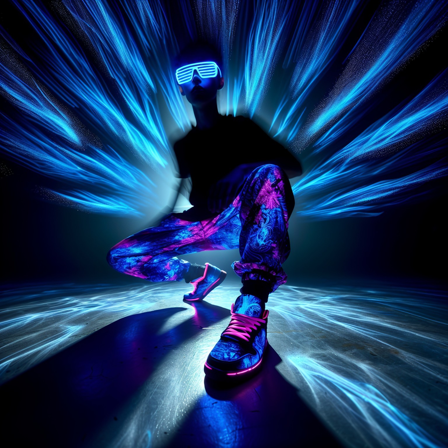 Vibrant Figure in Illuminated Attire Against Blue Light