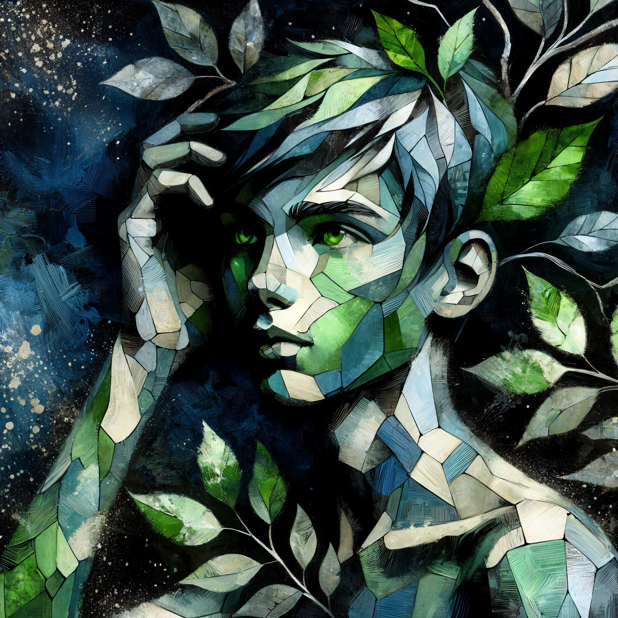 Young boy with green eyes amidst nature-inspired shapes