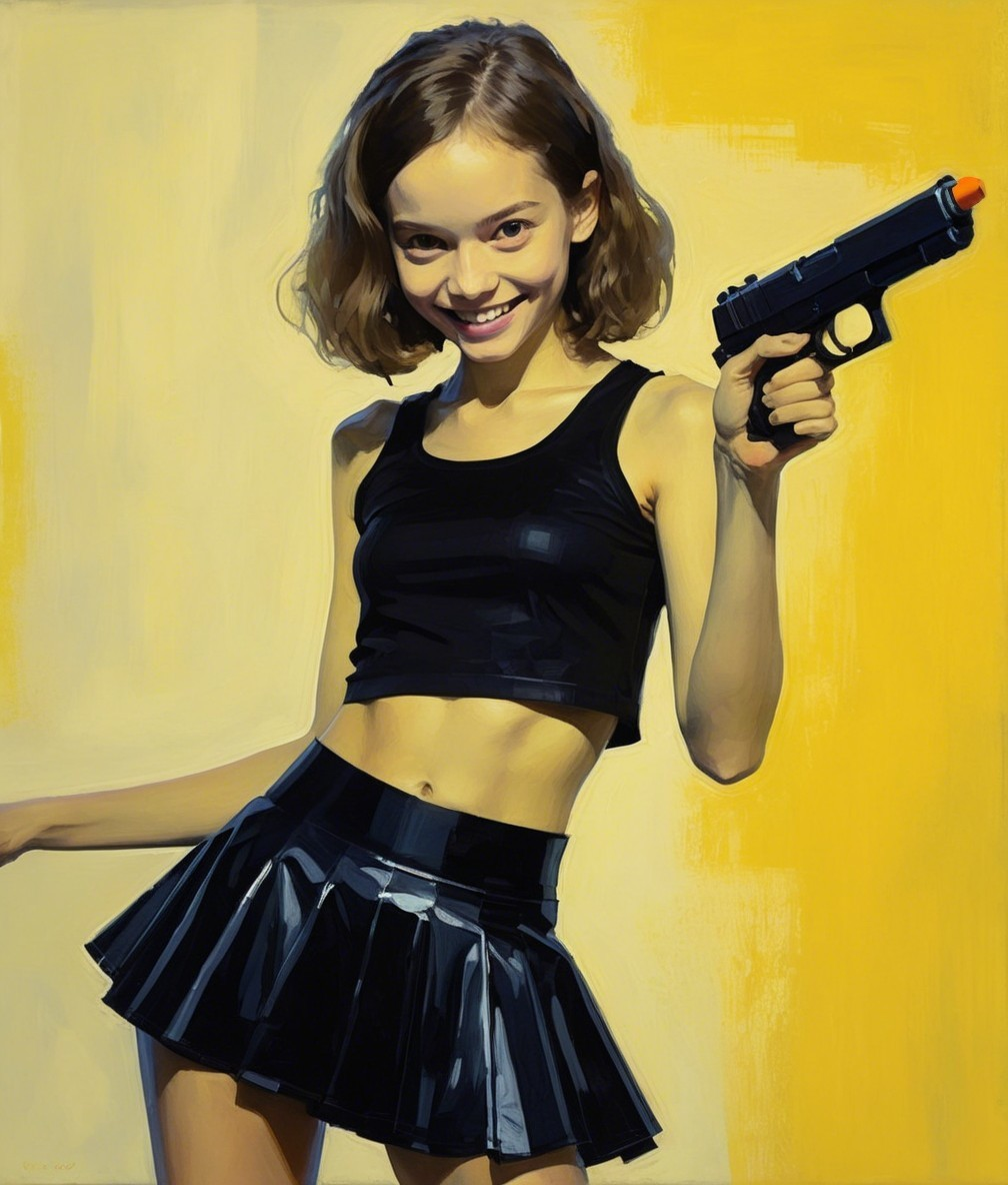 Young woman in black outfit with handgun on yellow背景