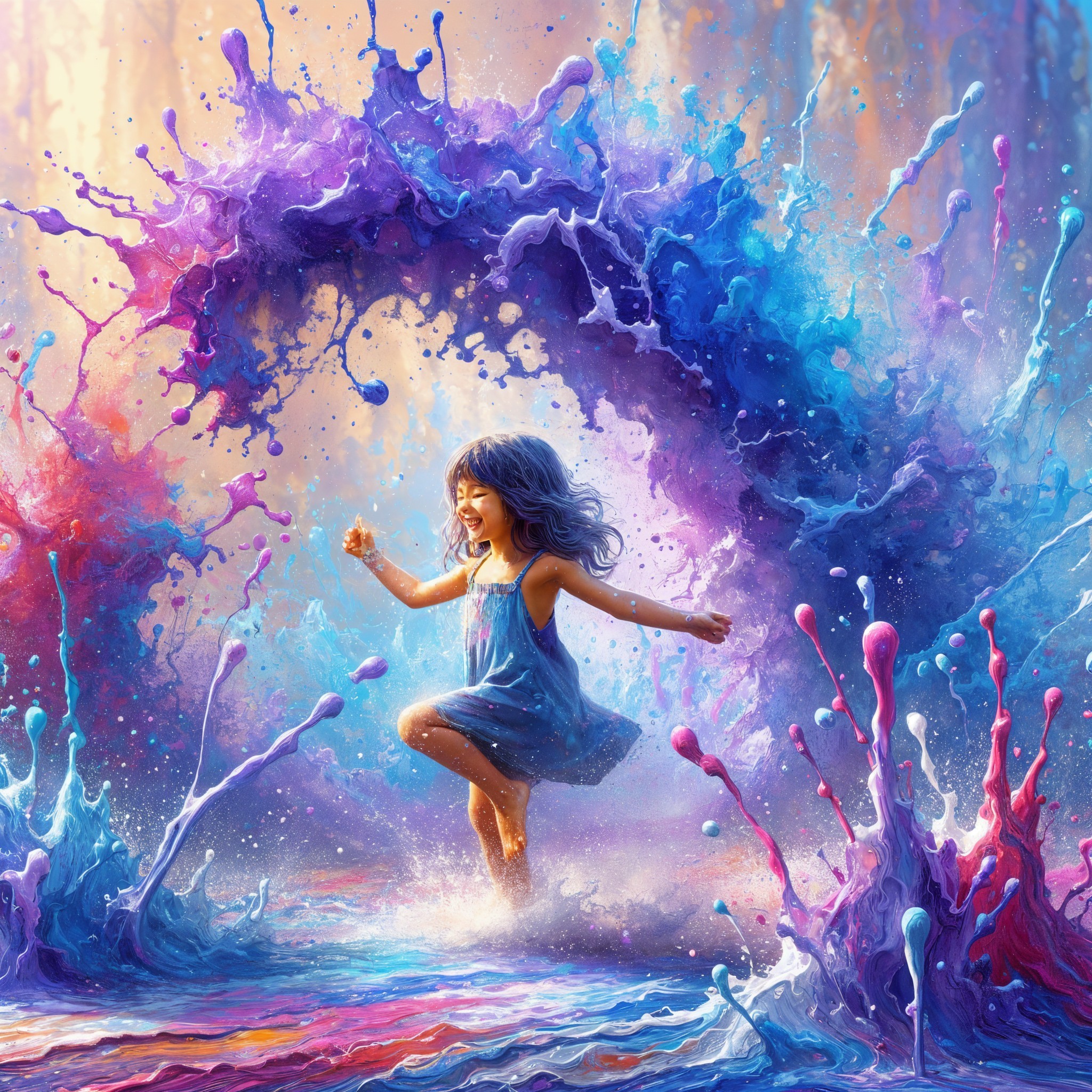 Joyful girl leaping through vibrant paint splashes