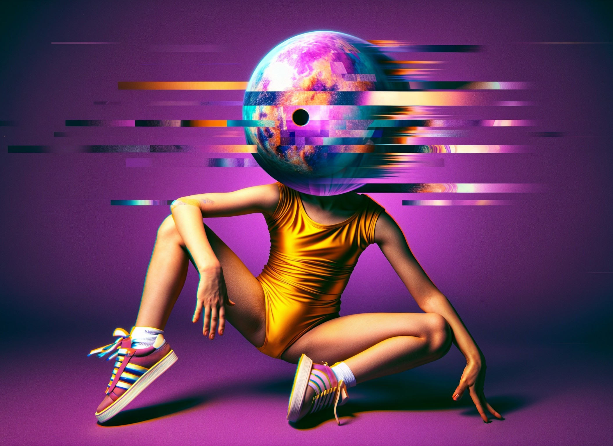 Stylized Figure with Planet Head in Surreal Setting