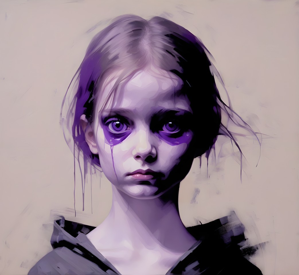Portrait of a Young Girl with Purple Tears and Hoodie