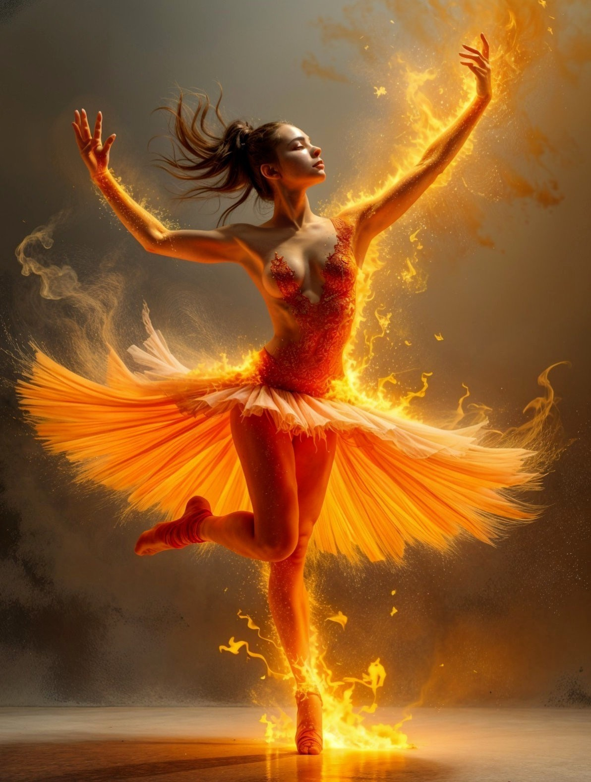 Dancer in Fiery Orange Tutu with Dramatic Flames