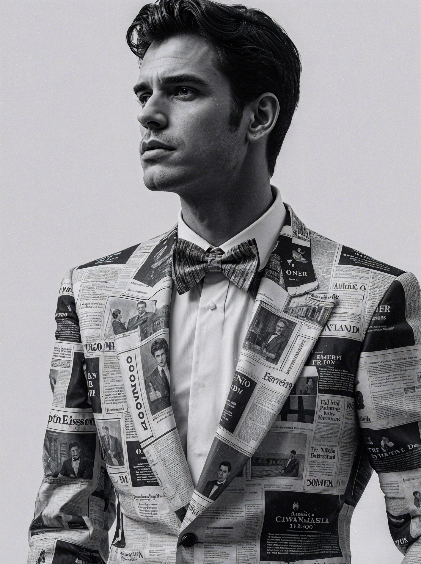 Man in Newspaper Suit with Bow Tie and Serious Expression