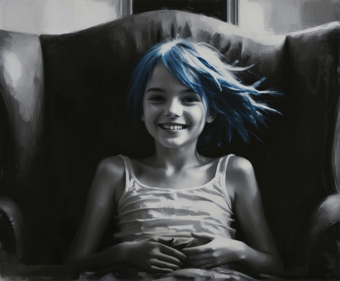 Young girl with blue hair in a plush armchair