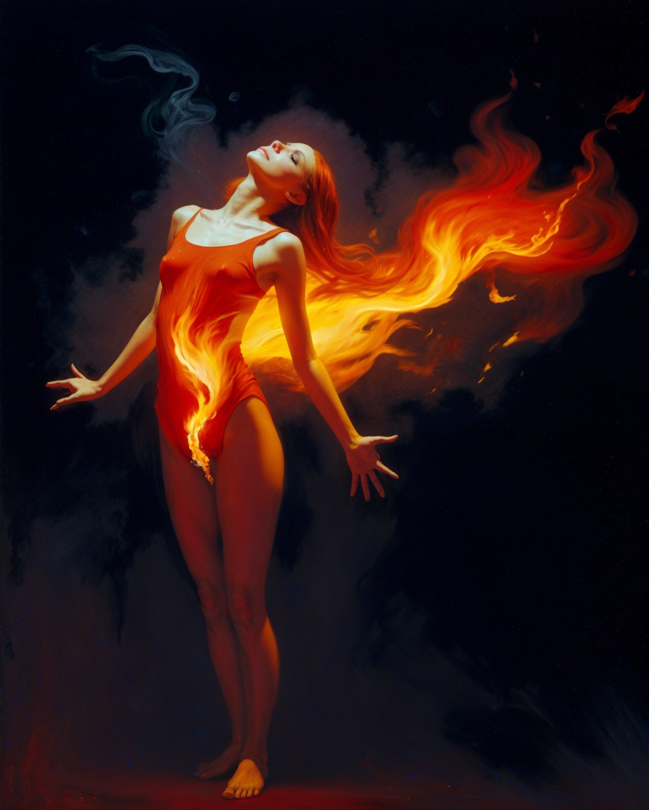 Surreal Image of Woman in Red with Flames and Smoke