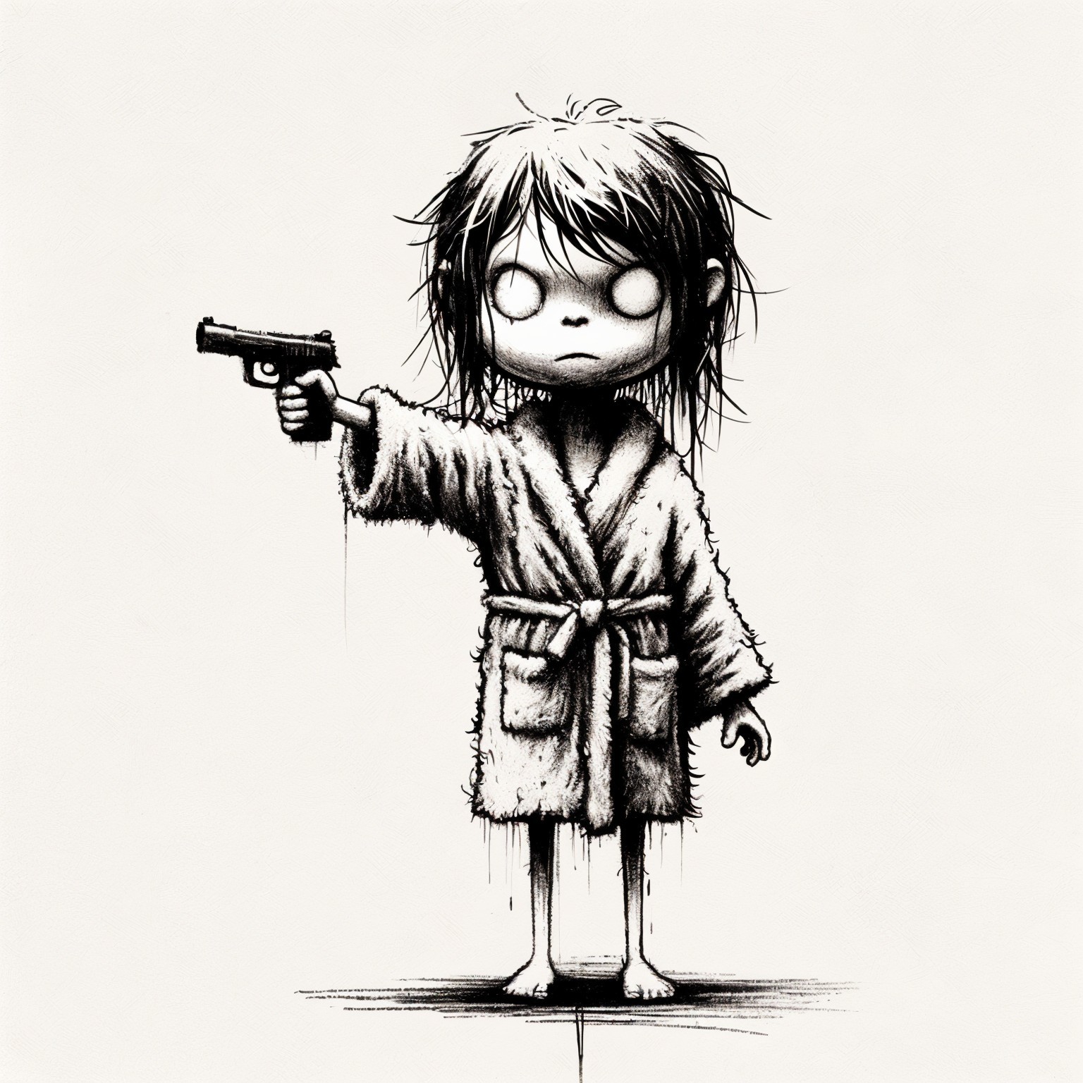 Child in Fuzzy Robe Holding Handgun in Monochrome Art