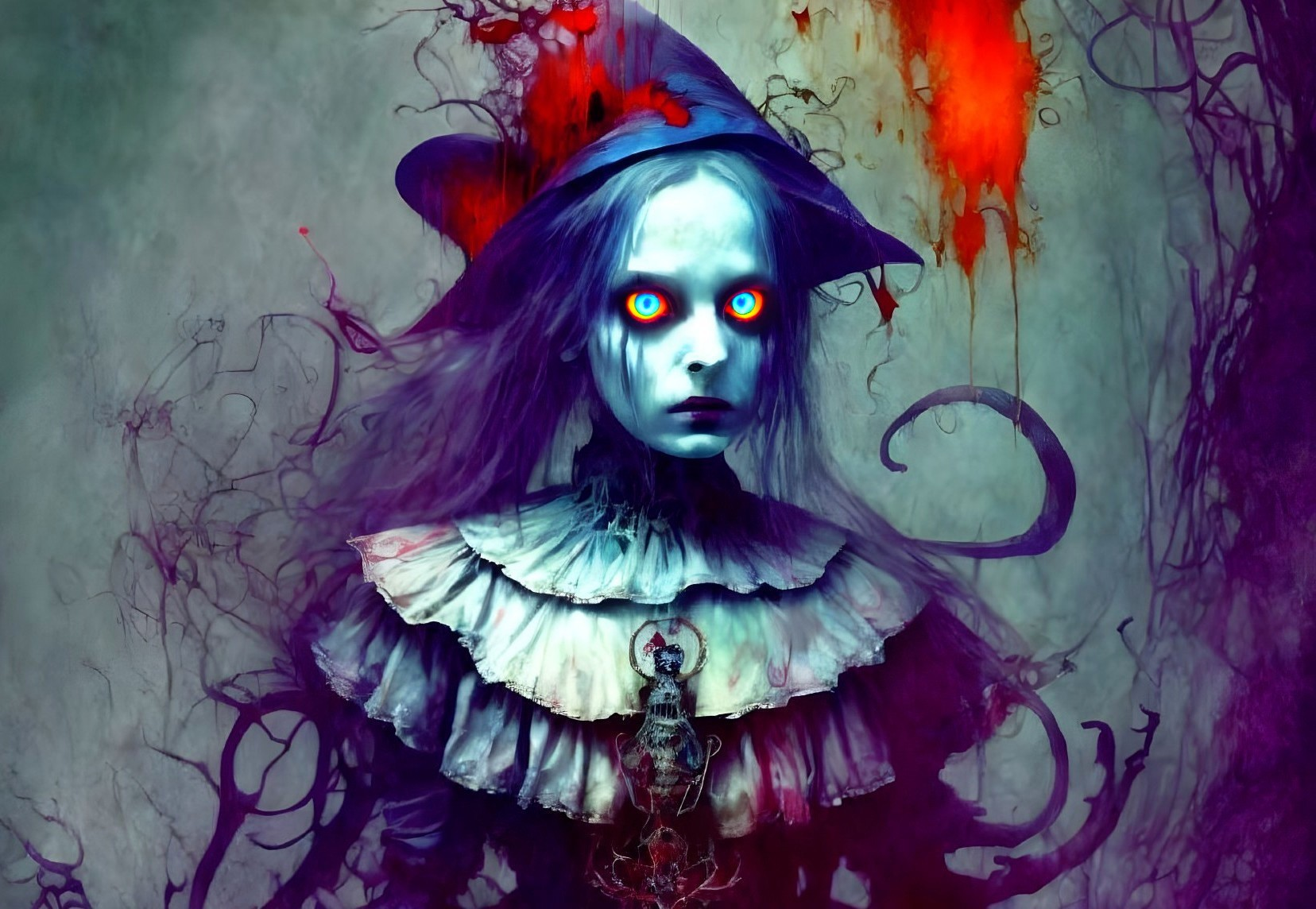 Haunting Girl with Pale Skin and Red Eyes in Vintage Dress