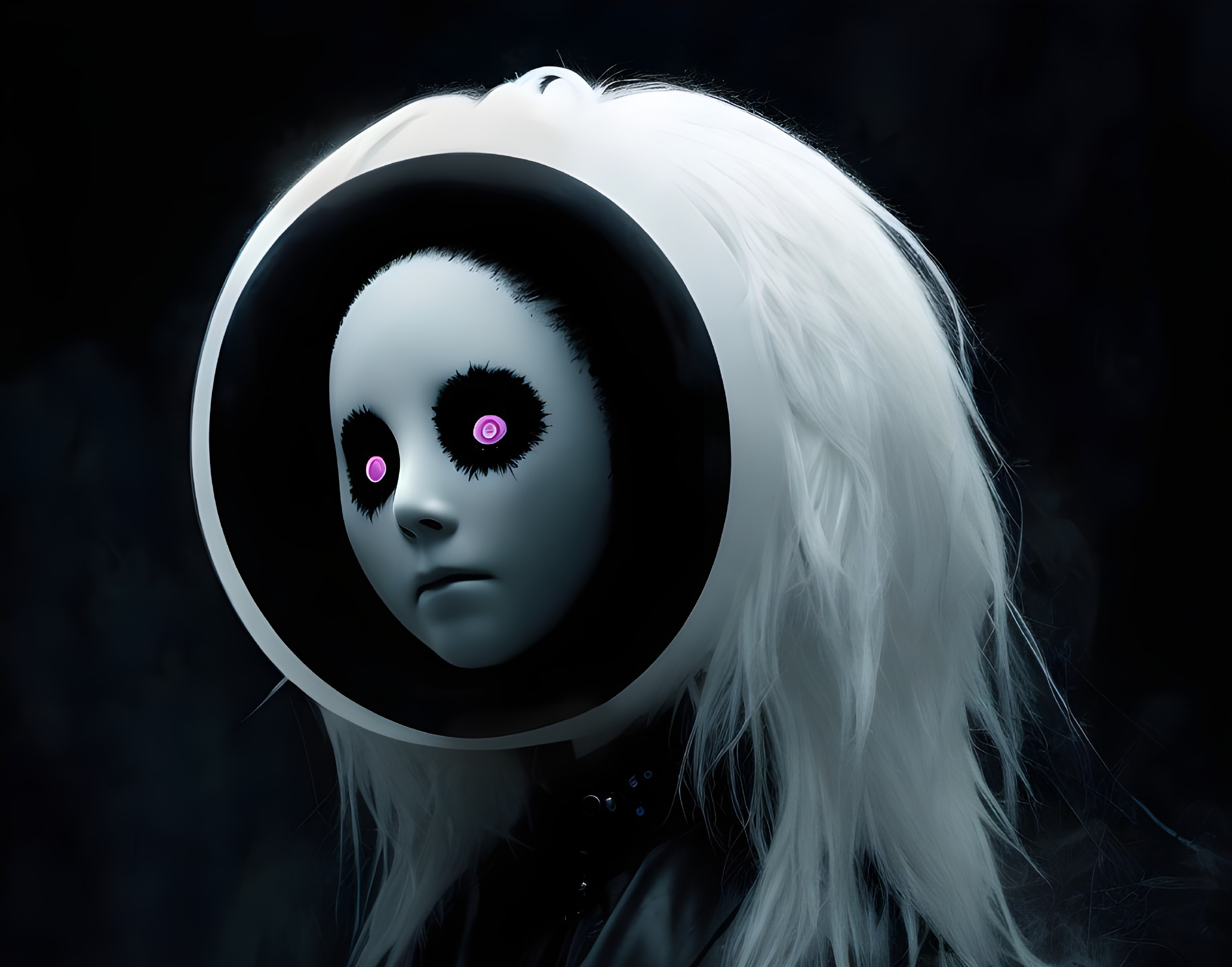 Oversized white disk-shaped helmet with minimalist facial features and pink eyes
