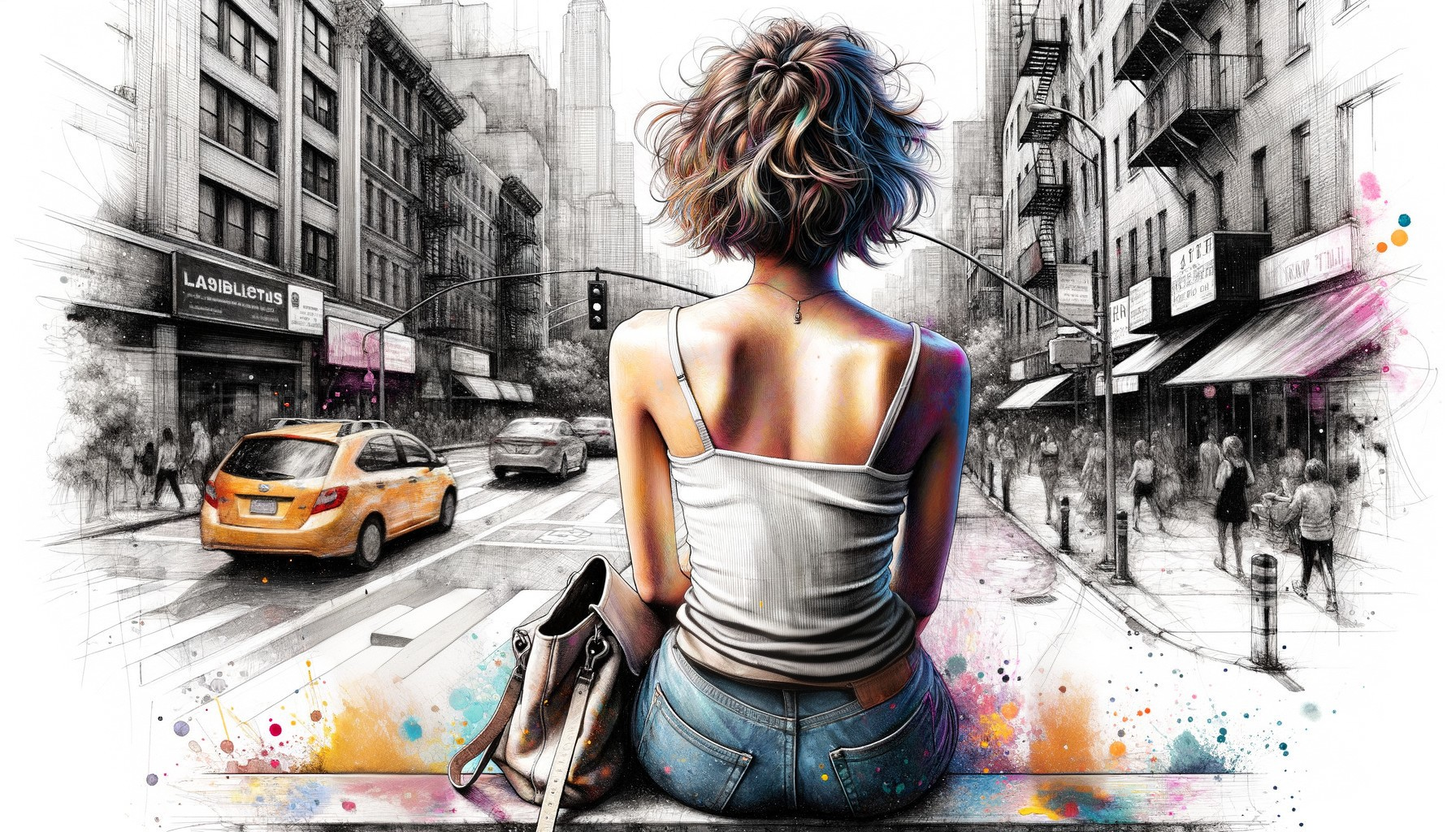 Short-haired woman observes colorful city scene.