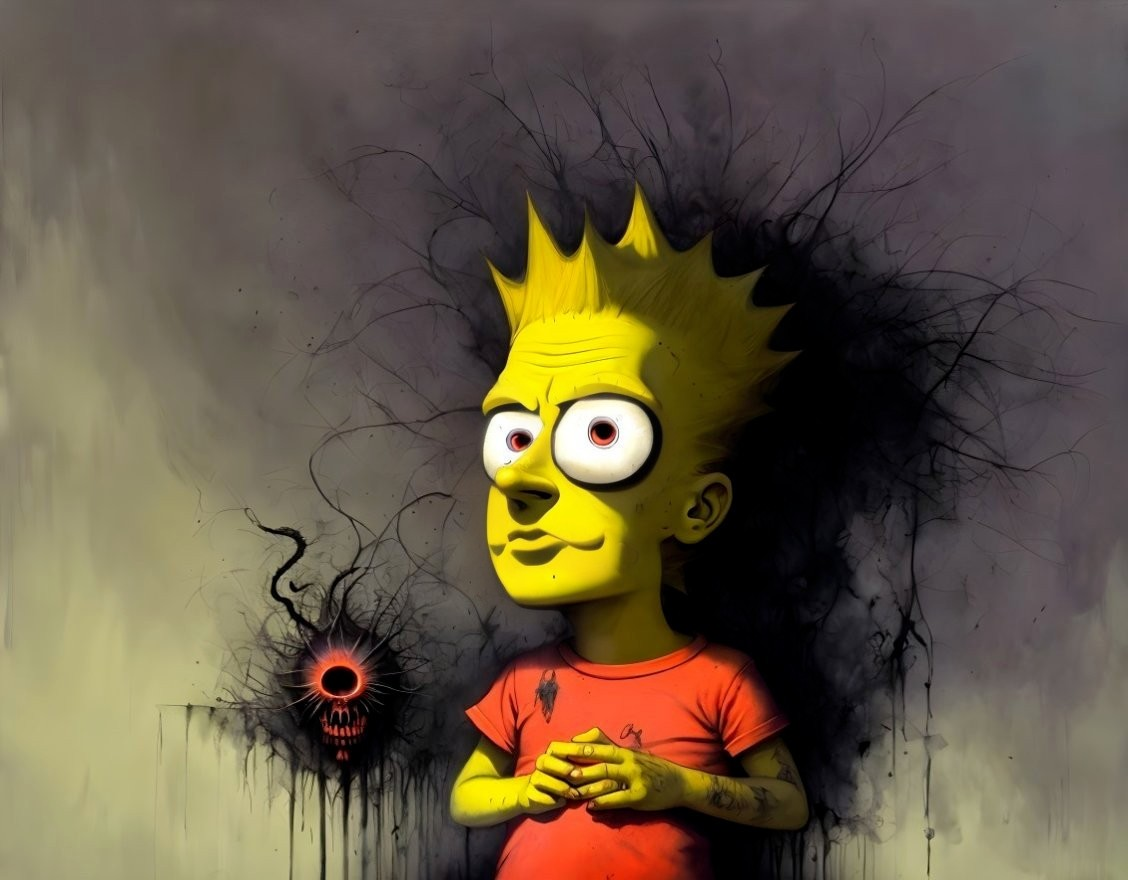 Stylized Illustration of Bart Simpson with Skull Background