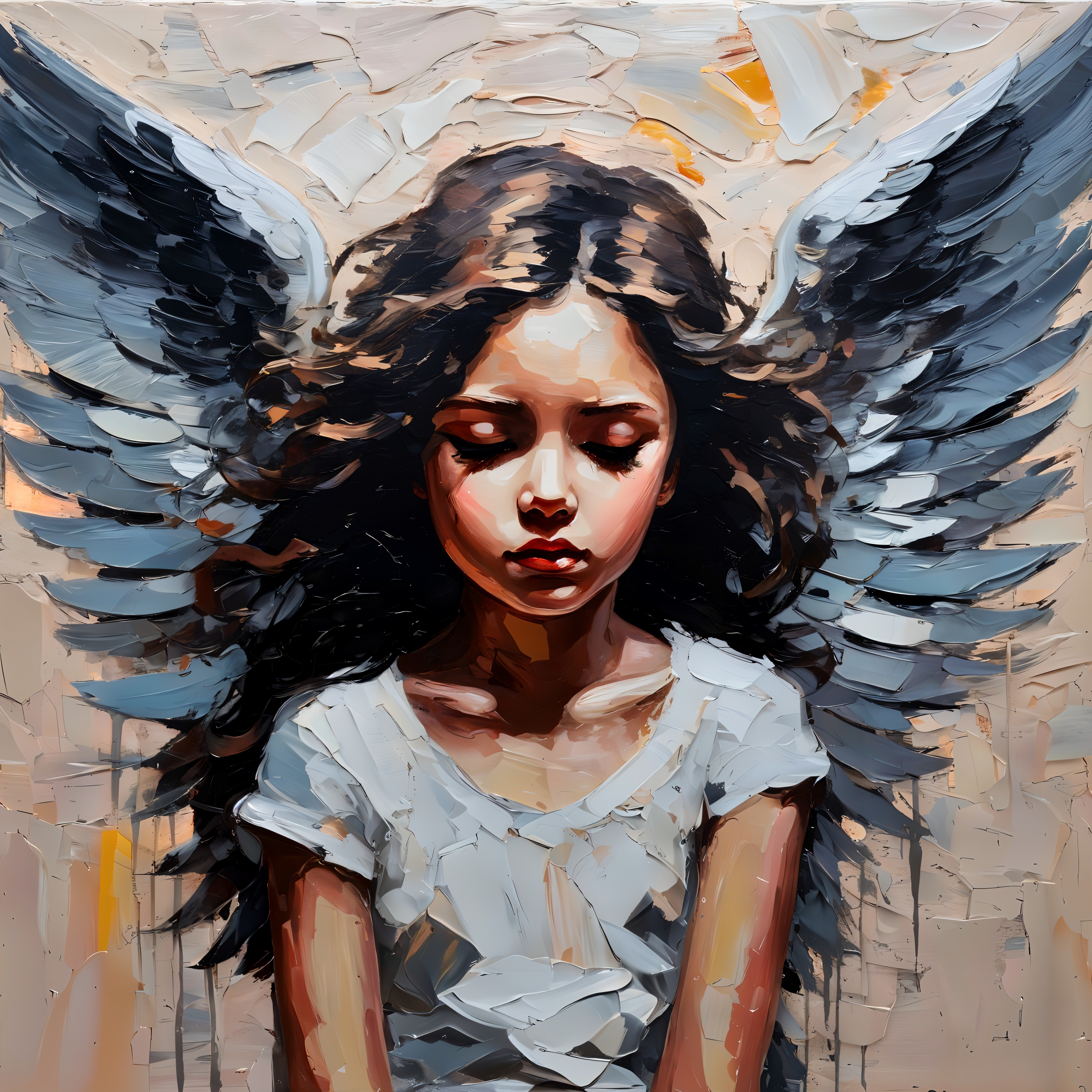 Serene Young Girl with Dark Hair and Angelic Wings